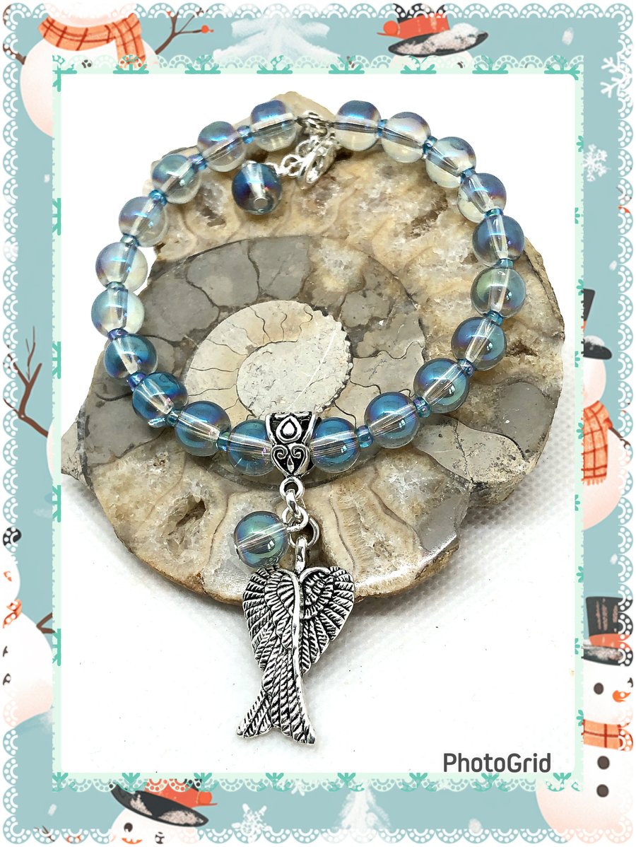 SALE OOAK  Angel wing bangle style bracelet with blue lustre beads one of a kind