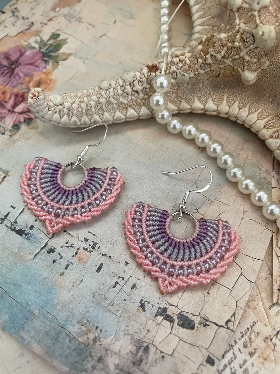 Boho hippie beaded macrame woven dangle drop fan earrings, yoga , free spirit