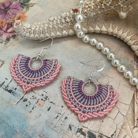Boho hippie beaded macrame woven dangle drop fan earrings, yoga , free spirit