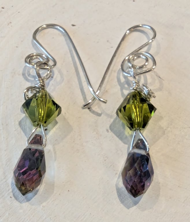 Green Swarovski Crystal Bicones and Chinese Crystal Drop Earrings