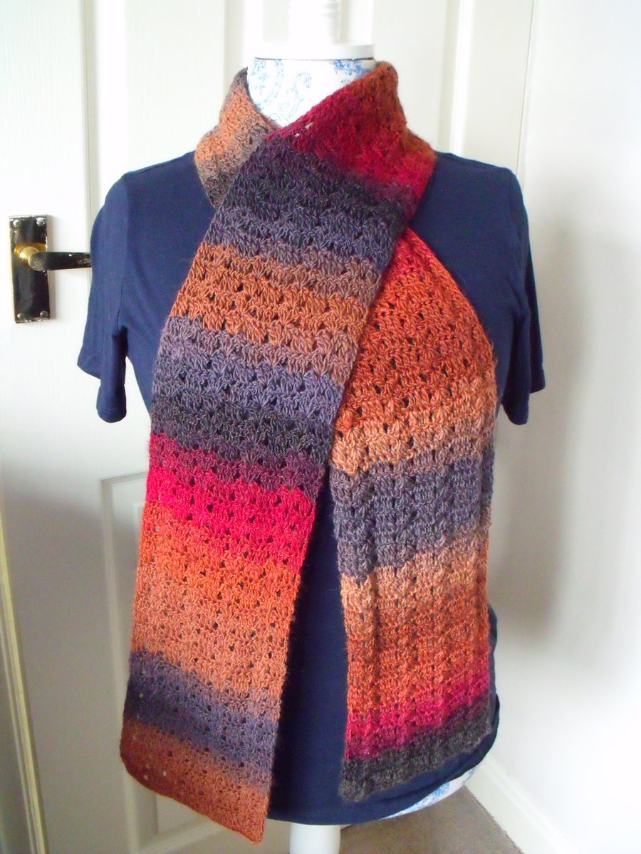 multicoloured autumnal crocheted scarf, neck warmer