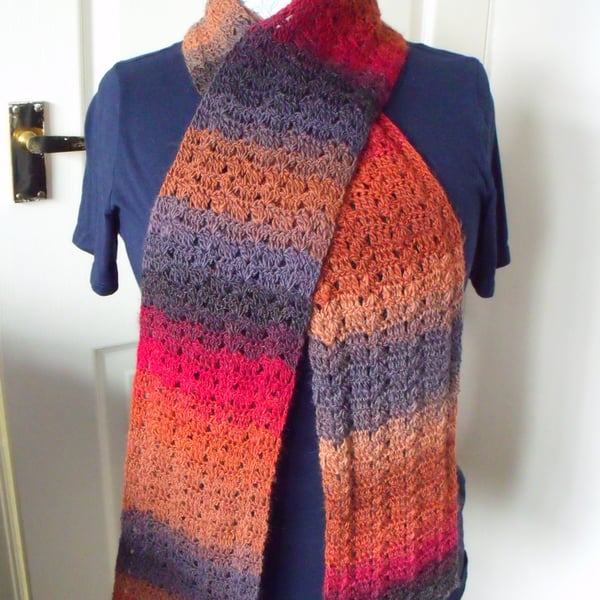 multicoloured autumnal crocheted scarf, neck warmer