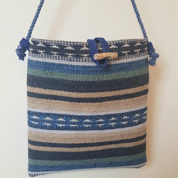 Crossbody bag: cotton and jute with driftwood toggle, shades of blue and aqua