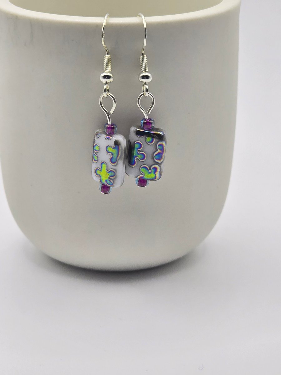 Image of White rectangle czech glass earrings