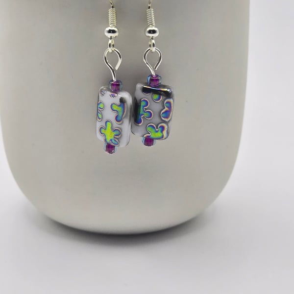 White rectangle czech glass earrings