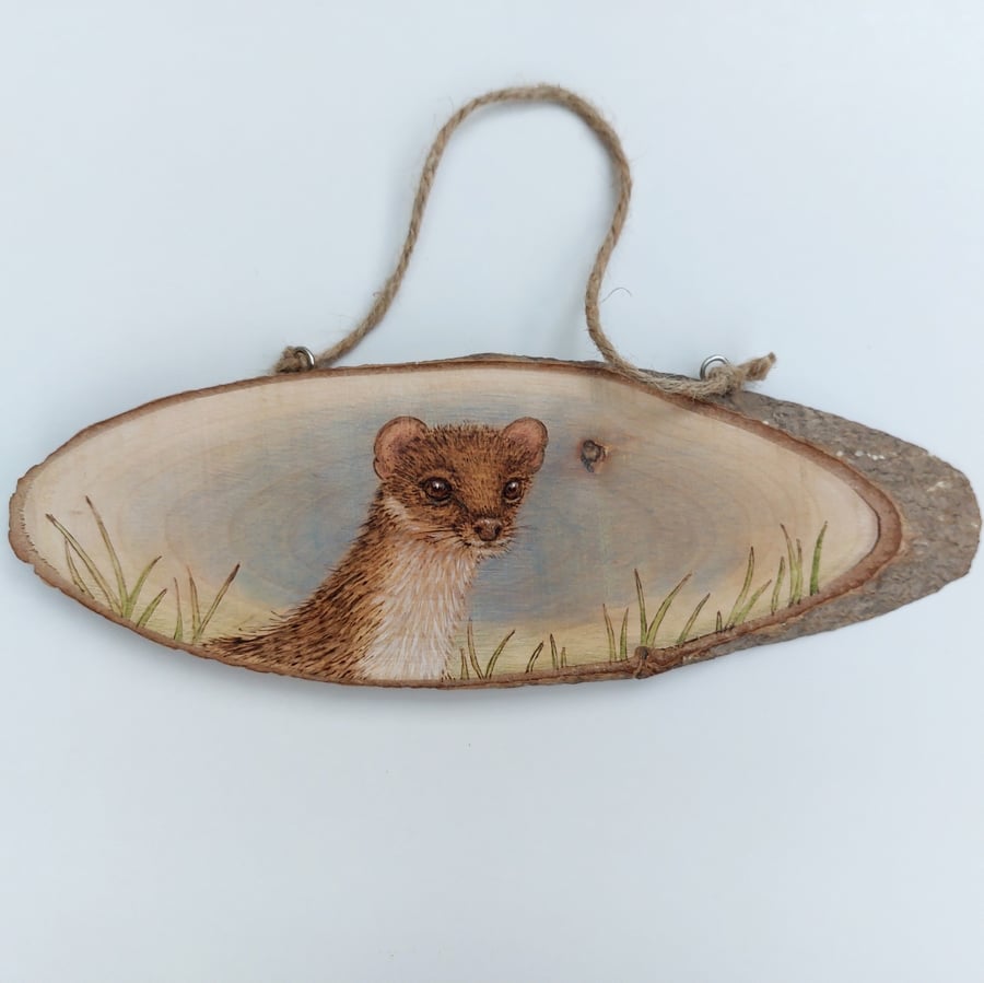 Stoat pyrography and painted log slice ornament 