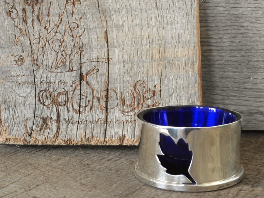 Sterling silver salt cellar with hawthorn leaf motif