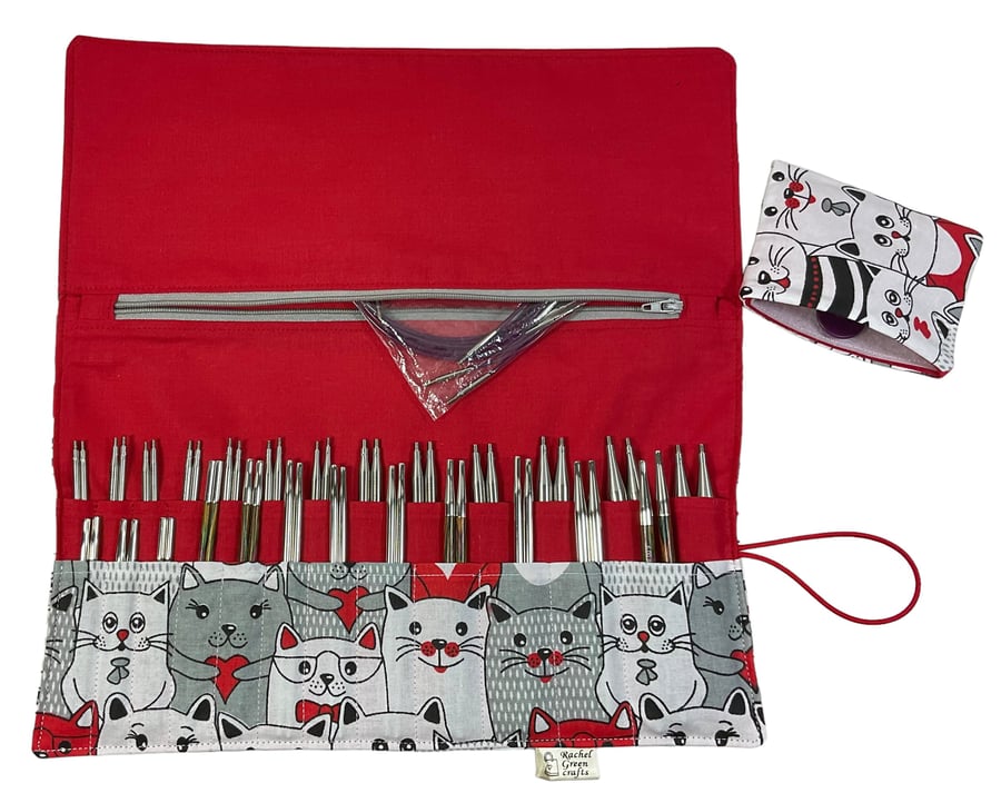 Interchangeable knitting needle case with cats, 2 sets, addi case, chiagoo walle