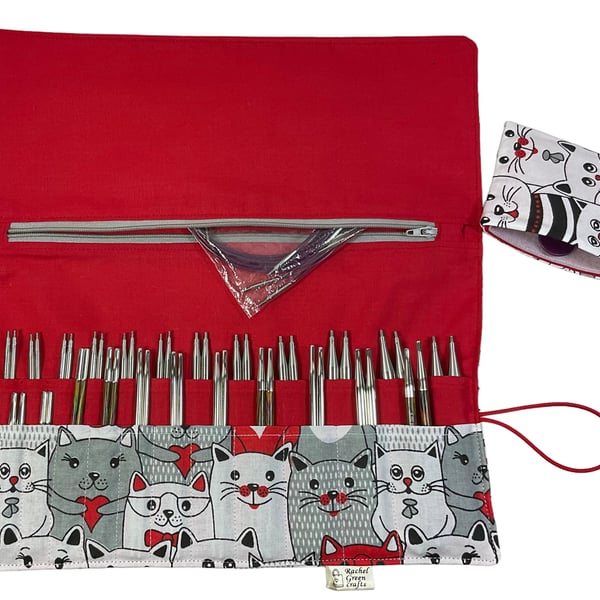 Interchangeable knitting needle case with cats, 2 sets, addi case, chiagoo walle