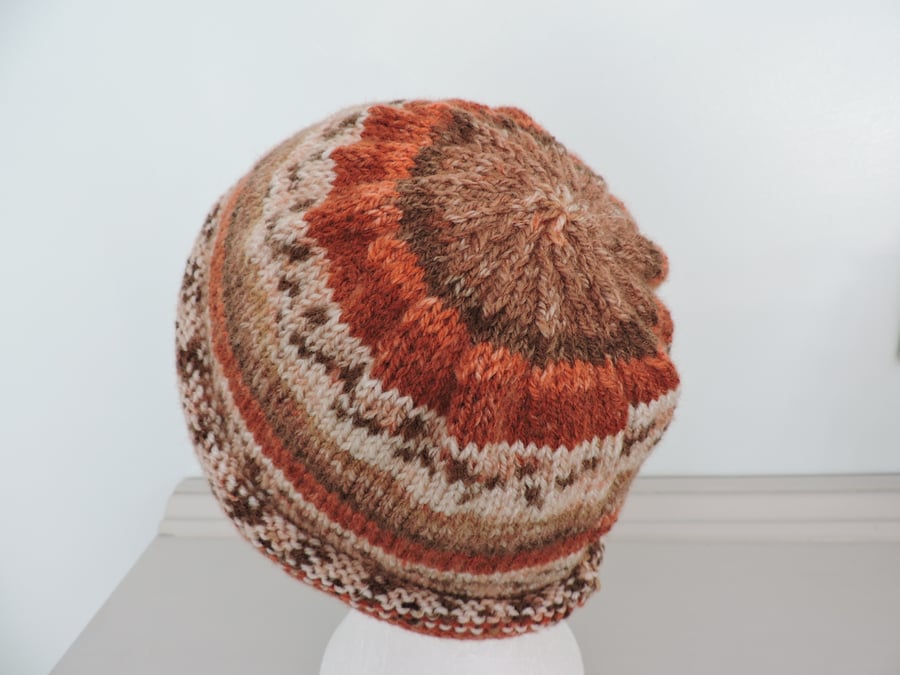 Beanie Hat for Adults Fair Isle Style Autumn Colours