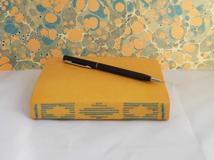 Yellow Leather Journal with Marbled paper lining - Notebook, Sketchbook 