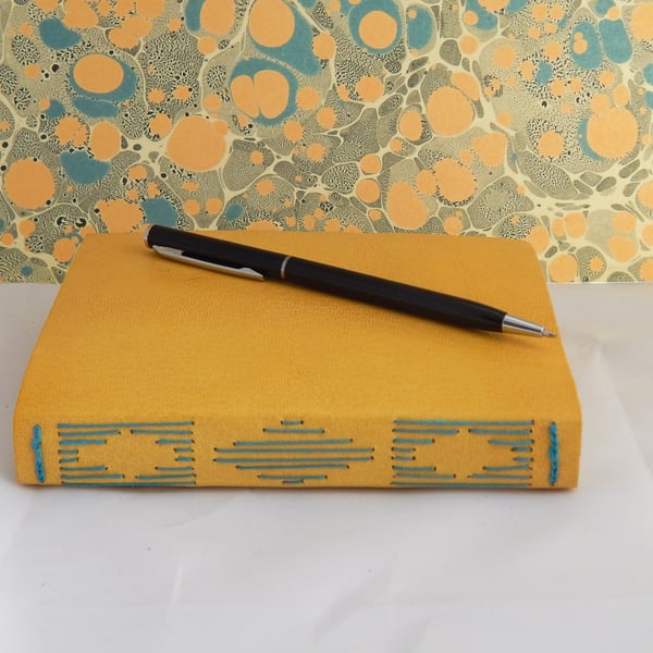 Yellow Leather Journal with Marbled paper lining - Notebook, Sketchbook 