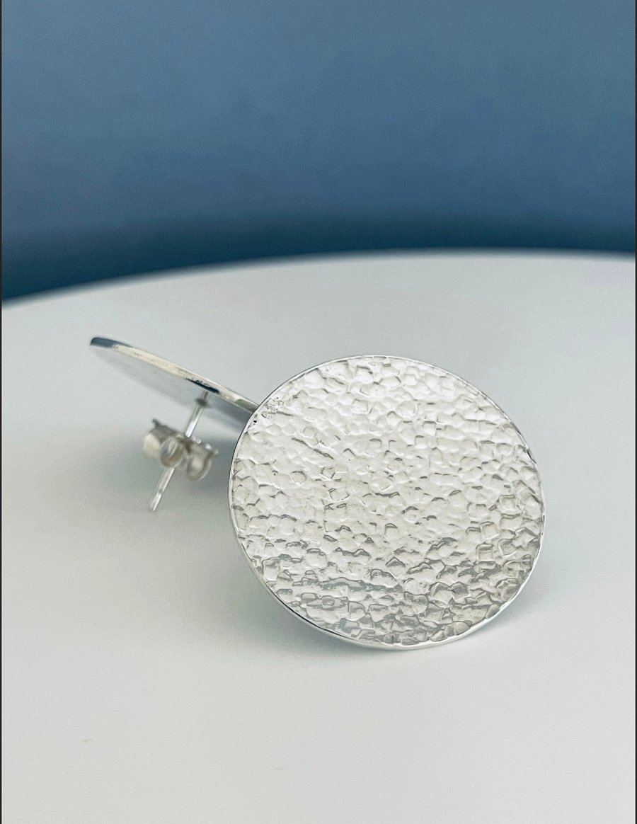Extra Large Sterling Silver Round Ear Stud Earrings 25mm Hammered Sparkly 