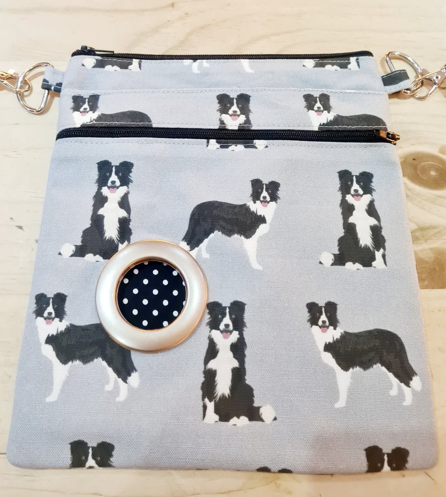 Dog walking bag in Border Collie fabrix