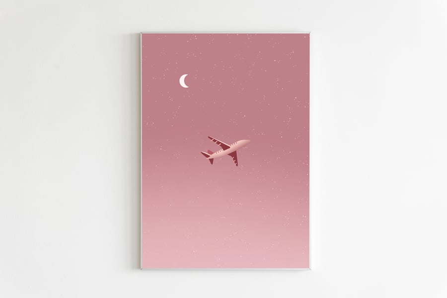 Sunset Wall Art, Pink Travel Print, Airplane Print