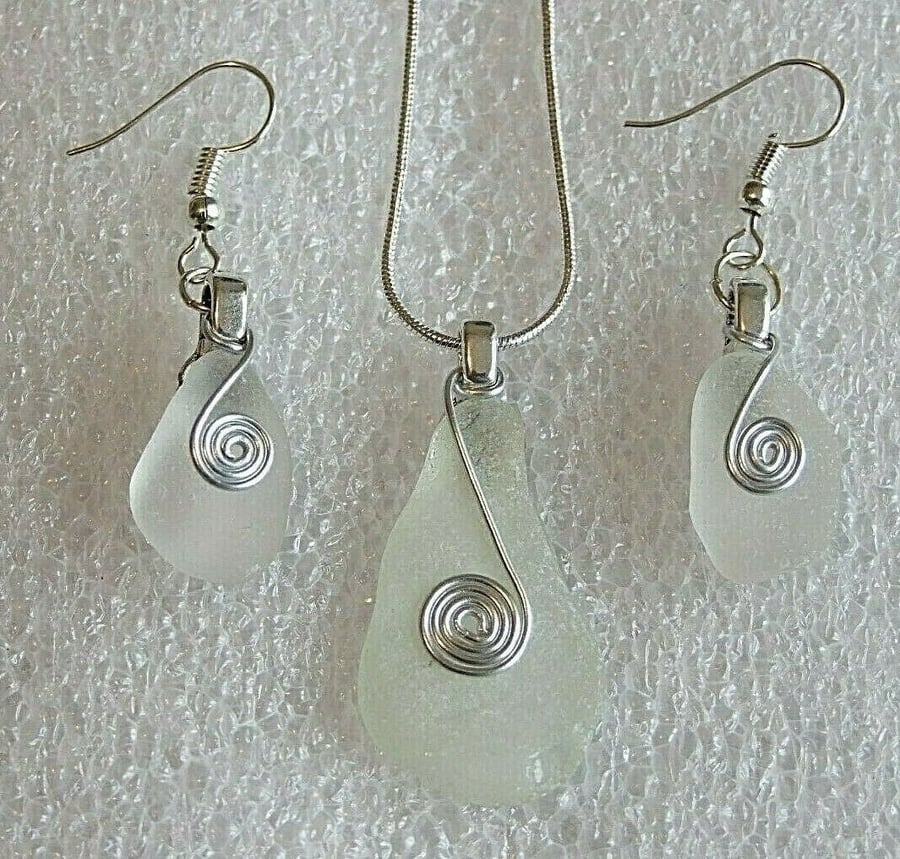 Clear White Wire-Wrapped Handmade Cornish Seaglass Necklace & Earrings Gift Set