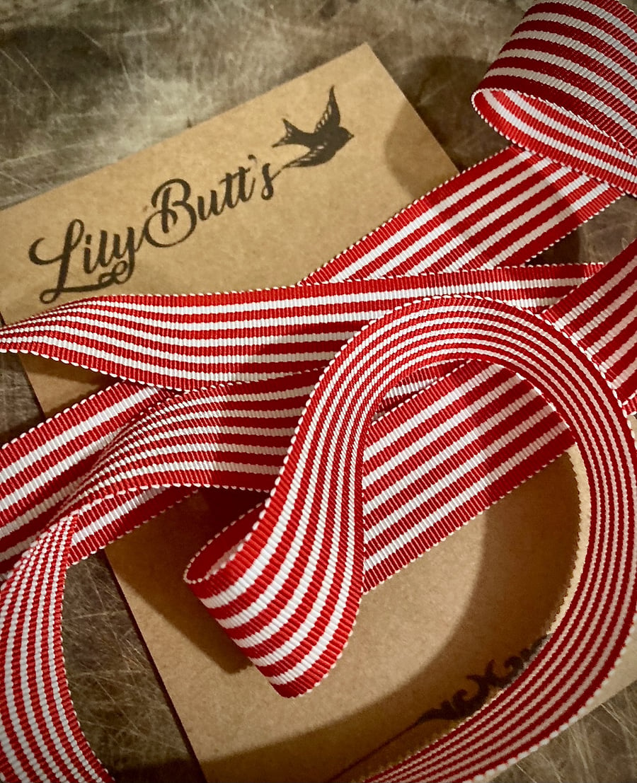 1m Red and White Striped Grosgrain Ribbon 25mm 