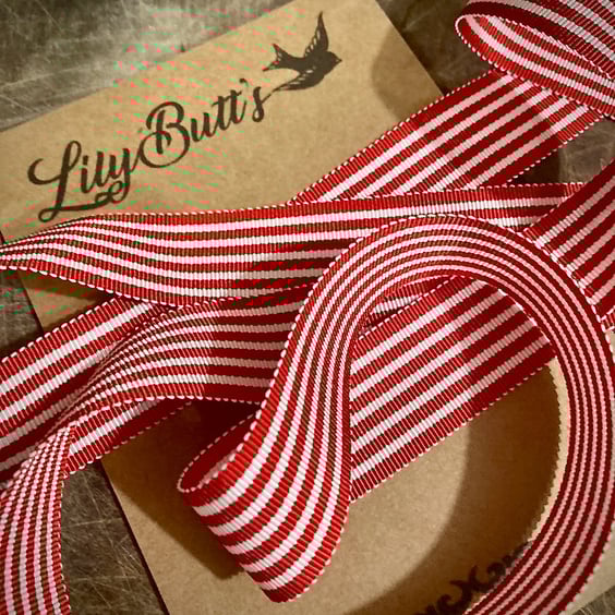1m Red and White Striped Grosgrain Ribbon 25mm 