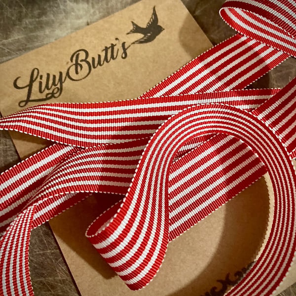 1m Red and White Striped Grosgrain Ribbon 25mm 