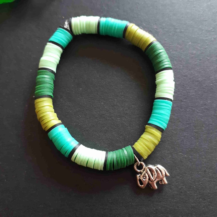 Elephant Charm Green Clay Beaded Stretch Bracelet. Length 15.2cm. Safari. A59