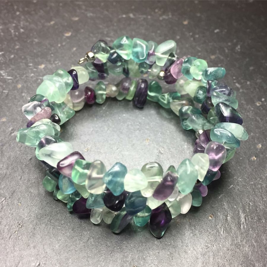 Multicolour Fluorite Gemstone Memory Wire Wrap Bracelet (Made To Order)