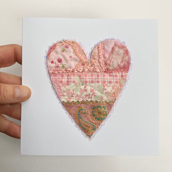 Up-cycled handmade fabric embroidered heart card. 