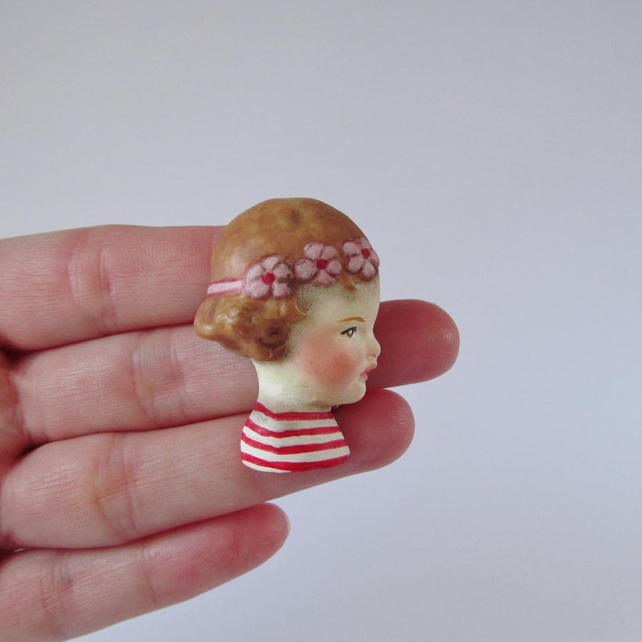 Handmade Doll Brooch Fleur - Red Breton Girl Pin