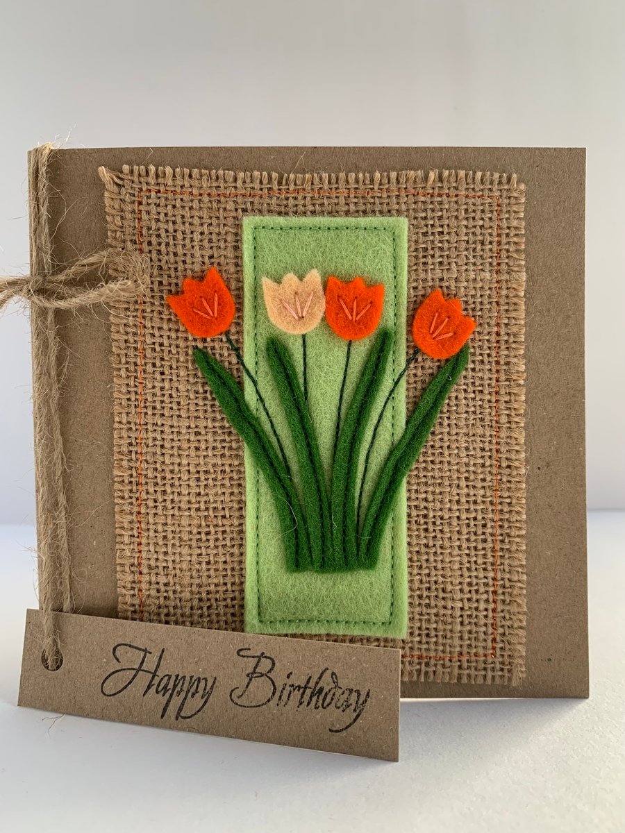 Handmade Birthday card. Peach and orange flowers from wool felt. 