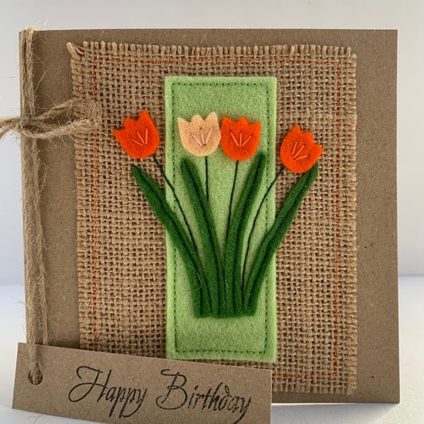 Handmade Birthday card. Peach and orange flowers from wool felt. 