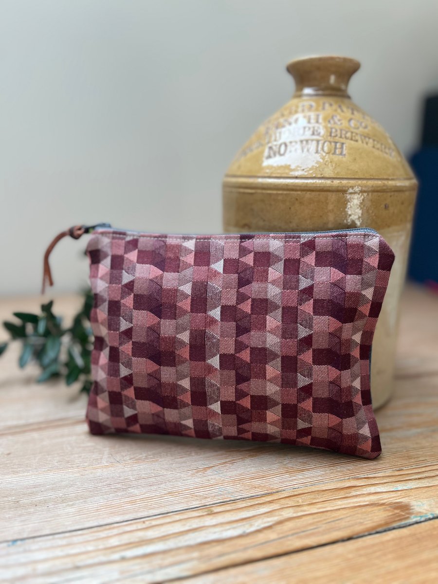 Plum geometric pattern and reclaimed denim zip pouch