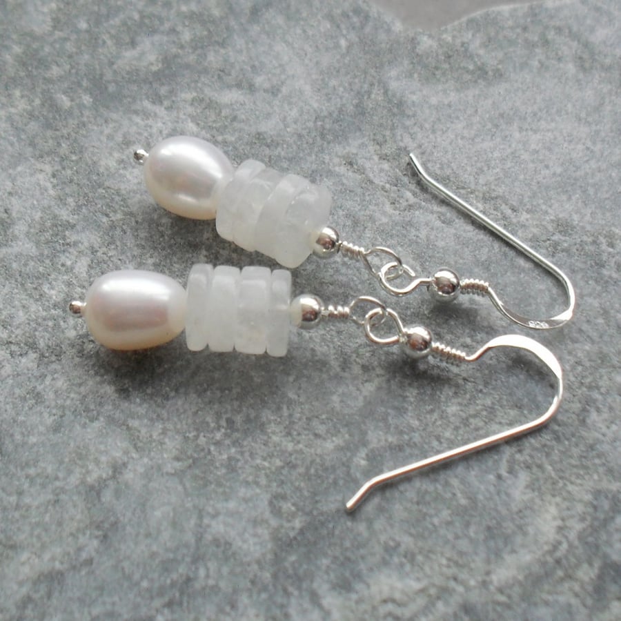 Sterling Silver Pearls and Moonstone Gemstone Earrings Junes Birthstone