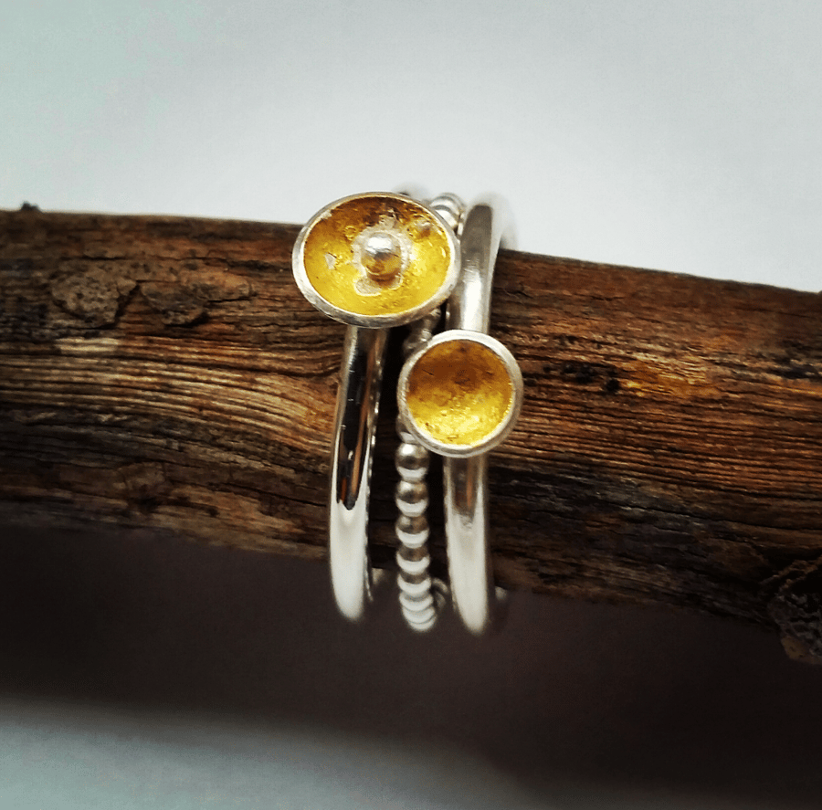 Beautiful Set of Silver and Gold Solar Stacking Rings, Handmade to Order