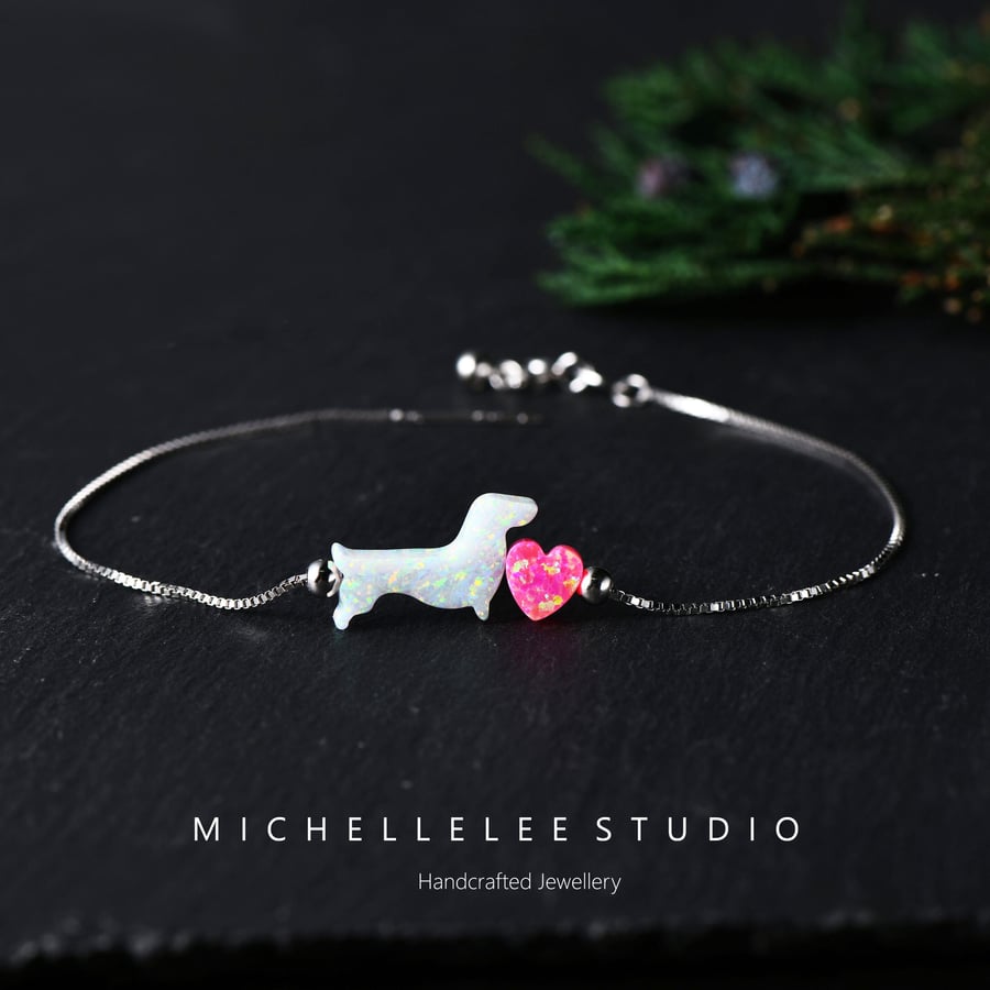 Opal Dachshund Love Heart Bracelet With 925 Sterling Silver Chain