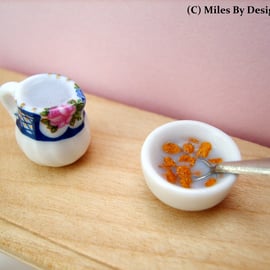 1:12 Scale Cornflakes in Breakfast Bowl with Milk Jug