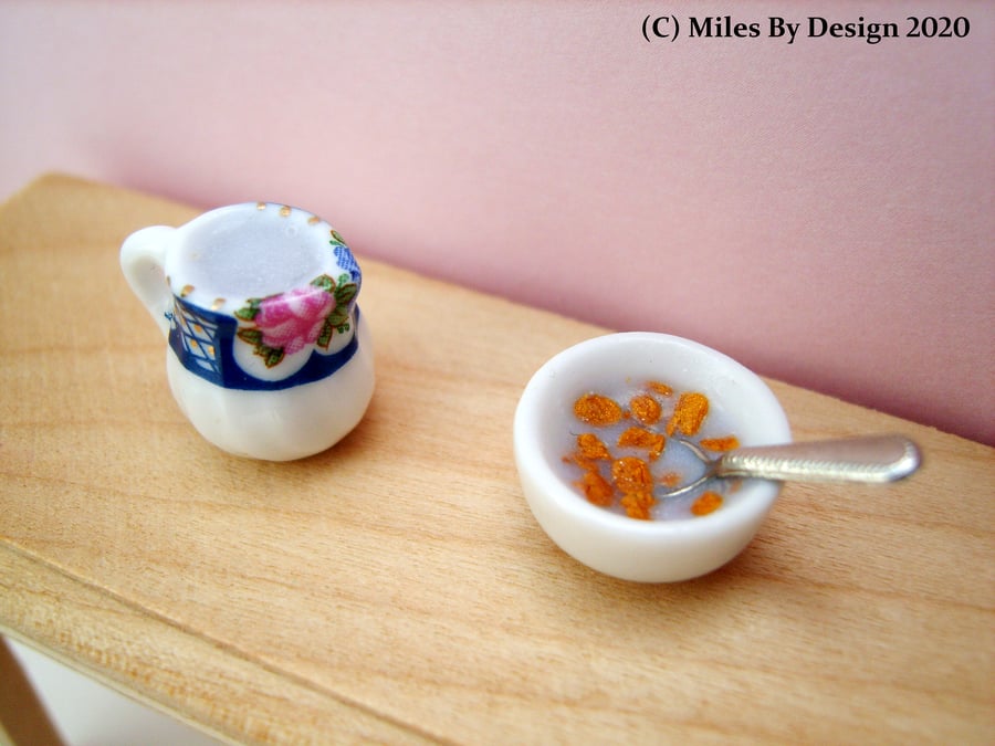 1:12 Scale Cornflakes in Breakfast Bowl with Milk Jug