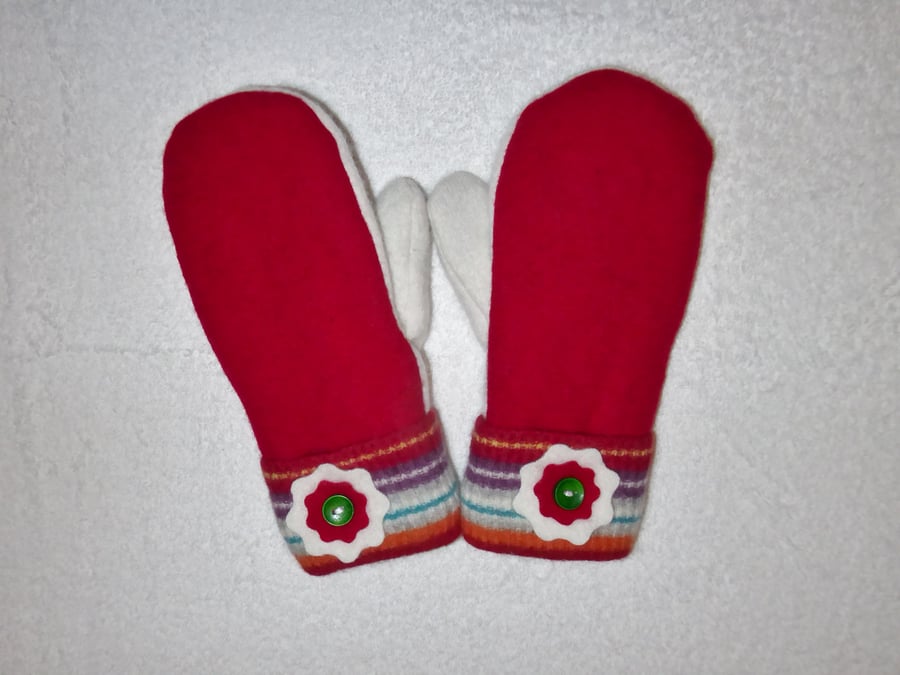 Mittens Created from Up-cycled Wool Jumpers. Fully Lined. Striped Cuff