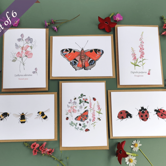 Set of 6 Summer Garden Greetings Cards, Butterfly Cards