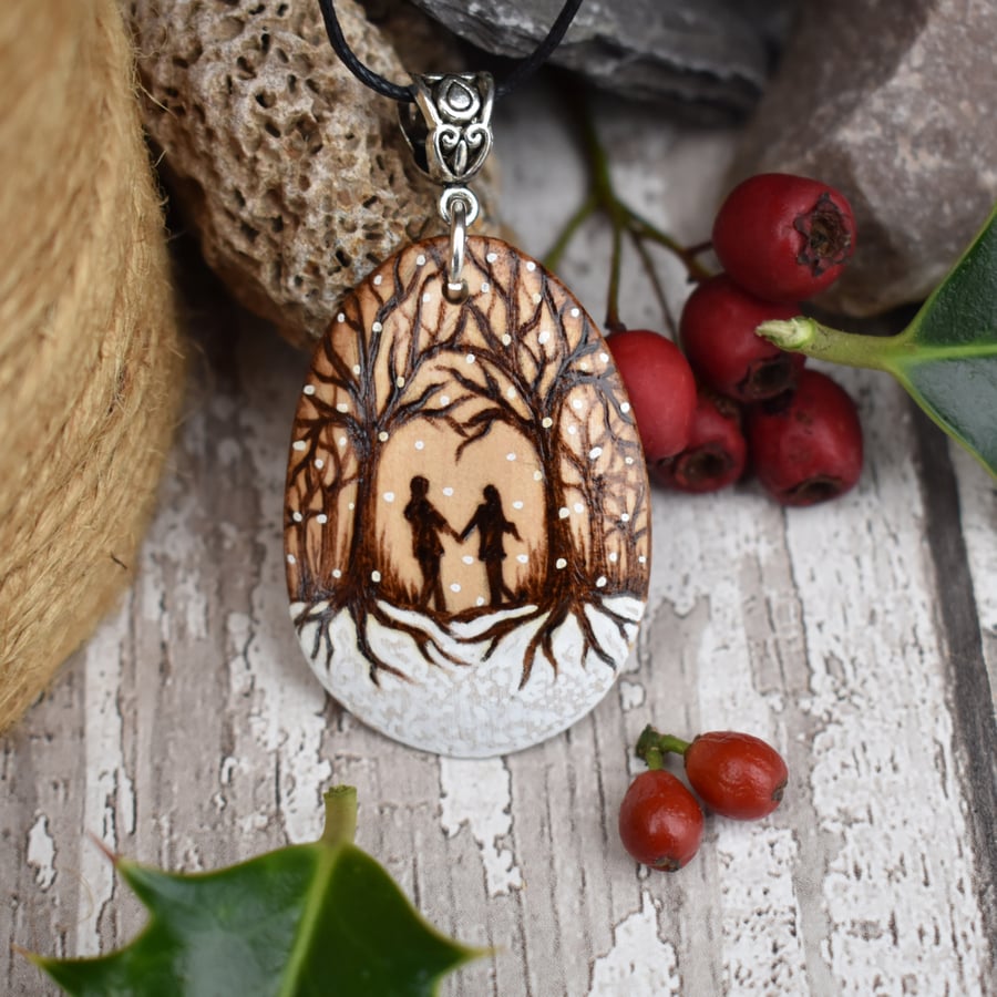 SALE Winter woodland couple. Pyrography nature inspired wooden trees pendant.