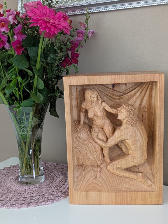 Hand carved deep relief Samson and Delilah 