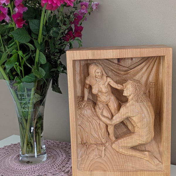 Hand carved deep relief Samson and Delilah 