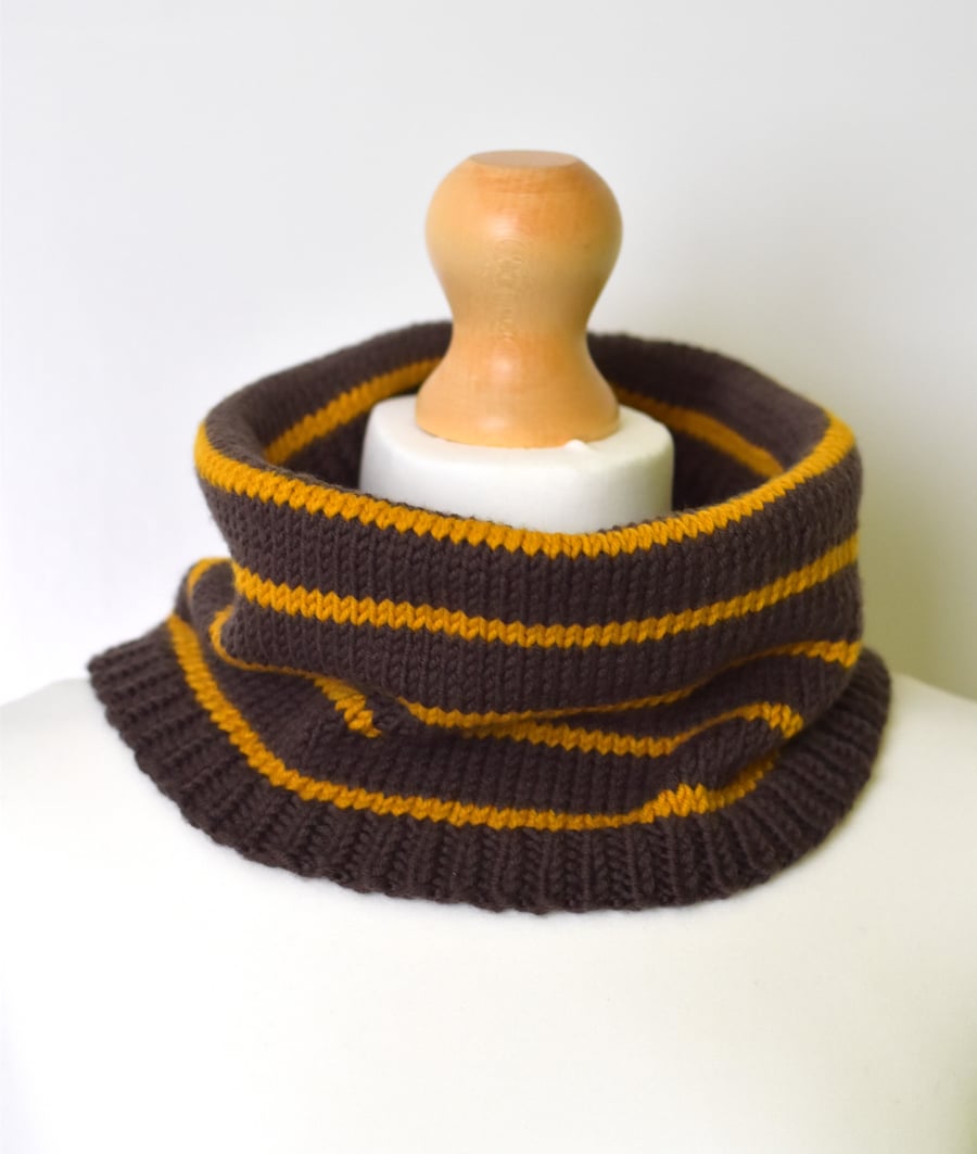 Hand Knitted Merino Wool Snood - Unisex Brown and Mustard Striped Neck Warmer