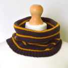 Hand Knitted Merino Wool Snood - Unisex Brown and Mustard Striped Neck Warmer