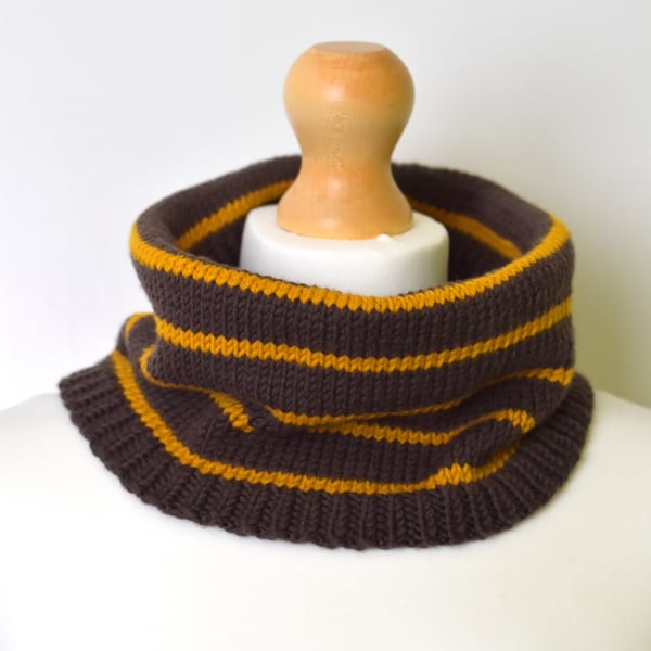 Hand Knitted Merino Wool Snood - Unisex Brown and Mustard Striped Neck Warmer