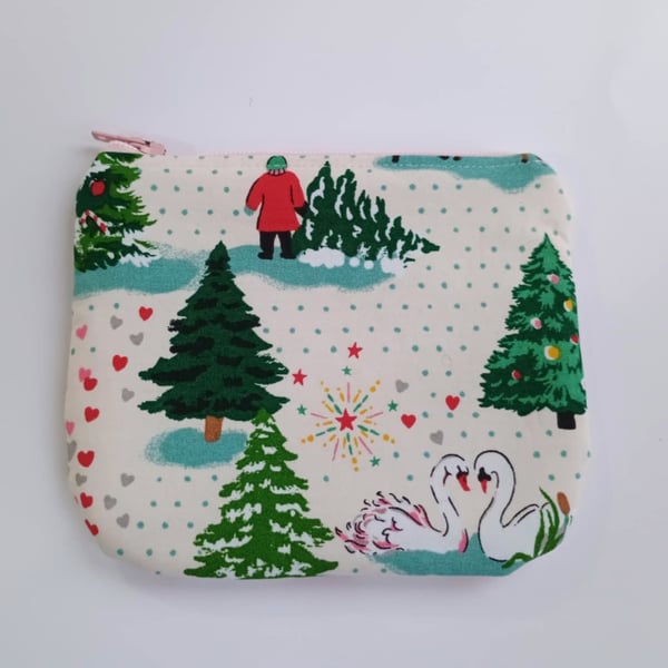 Christmas zipped purse - retro winter woods scene - kid, fir tree, hearts, swan 