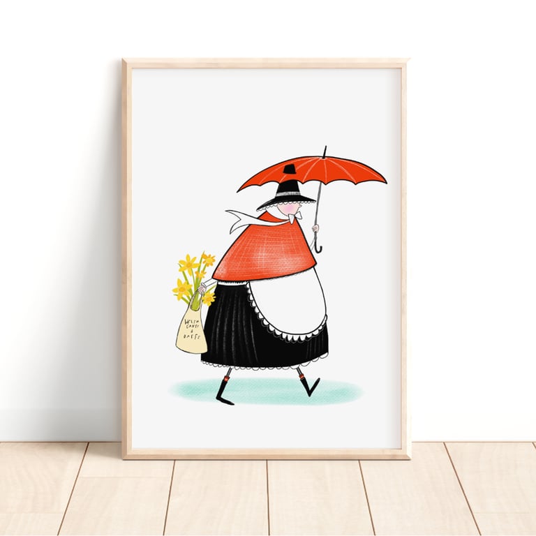 Welsh lady Print, Welsh cakes and daffodils 
