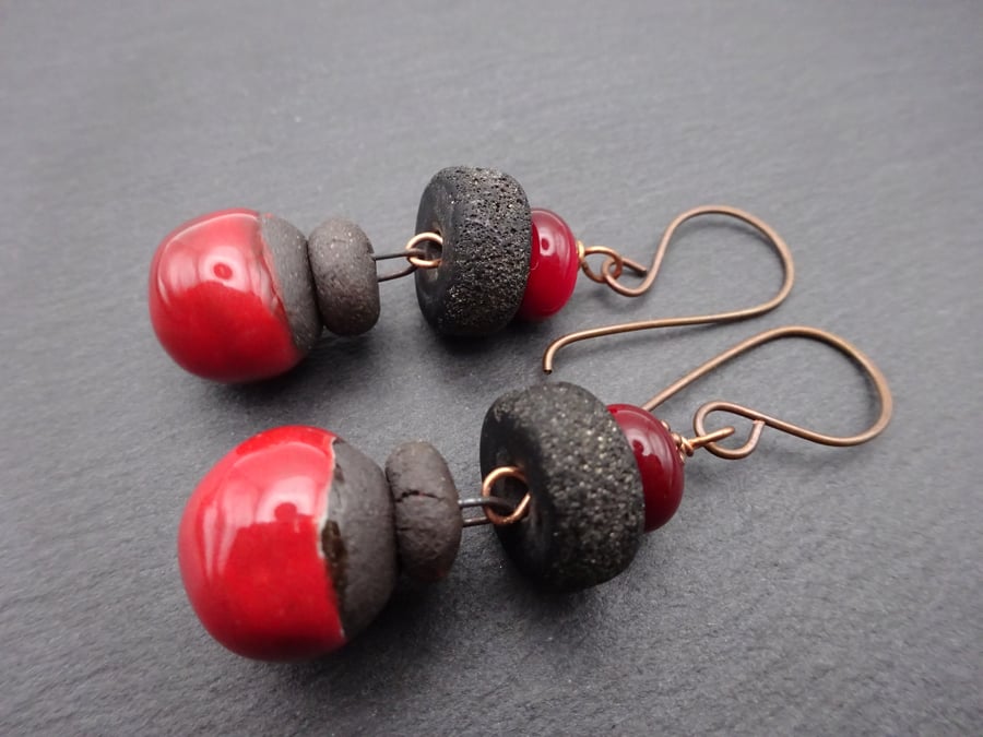 copper earrings, red and black lampwork glass and ceramic