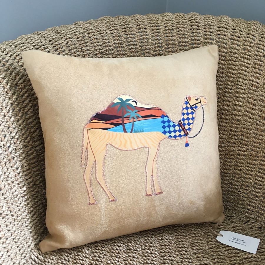Handprinted & appliquéd cushion Desert Camel