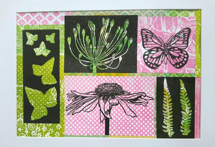 Linocut collage of Summer flowers
