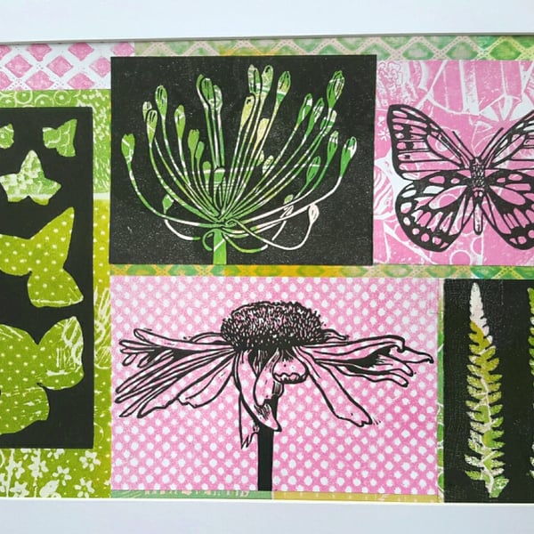 Linocut collage of Summer flowers