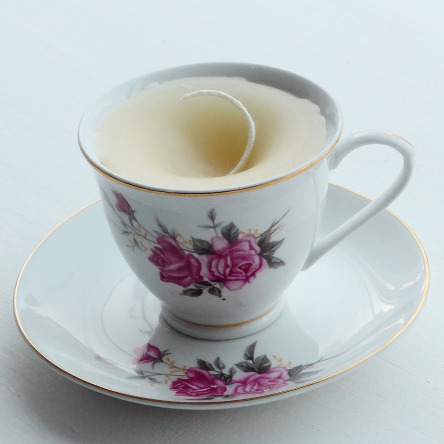 Vintage China Tea Cup Jasmine Candle with Saucer 